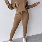 2 Pieces Outfit Long Sleeve Skew Neck Pullover Top and Drawstring Elastic Waist Slim Fit Pants Set