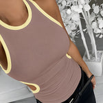 Women's Ribbed Contrast Trim Tank Top Sleeveless Crew Neck Cutout Slim Fit Stretch Casual Top