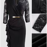 Metal Decor V-Neck Lace Spliced Three Quarters Sleeves Ruffles Design Evening Dress Zipper Back Slit Slim Fit Party Dress with Belt