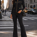 Women's 2 Piece Tracksuit Set Gold Zip Crewneck Jacket and High Waist Flare Pants Set