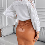 Crewneck Guipure Lace Long Sleeve Hollow Out Knit Sweaters Pullover Tops