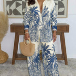 Women's Tropical Print 2 Piece Outfit Button Down Shirt and High Waisted Wide Leg Pants Casual Vacation Set