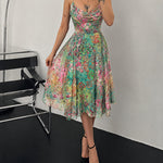 Women's Floral Mesh A Line Dress Cowl Neck Ruched Slip Dress Casual Backless Sundress