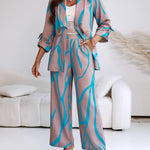 2 Pieces Outfit Shawl Lapel Turn-Up Sleeves Drawstring Waist Open Front Coat and Elastic Back Waist Wide Leg Pants Set Casual Abstract Print Commuting Set