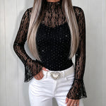 Women's 2 Piece Outfit Rhinestone Mock Neck Flare Sleeve Sheer Mesh Top with Adjustable Cami Top