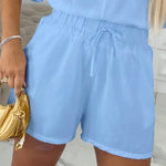 2 Pieces V Neck Button Decor Bell Sleeve Top and Casual Drawstring Stechy Waist Shorts Set