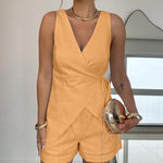 2 Pieces Outfit Plain Wrap V Neck Criss Cross Tied Detail Linen Top and Casual Pockets Patch Shorts Set