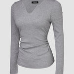 Chicme Built In Bra Notch Neck Long Sleeve Shirts Rib Knit Ruched Waist Top