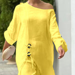 2 Pieces Outfit Button Decor One Shoulder Turn-Up Sleeves Slit Raw Edges Top and Casual Drawstring Elastic Waist Wide Leg Pants Set