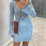 2 Pieces Outfit Deep V Neck Flare Sleeve Half Pearl Button Front Slit Top And Elastic Waist Skirt Set Casual Slim Fit Knit Set