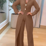 Notched Collar Long Sleeve Button Front Jumpsuit Casual Cinched Waist Wide Leg Faux Two Piece Jumpsuit