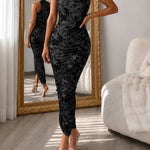 Women's Flocking Floral Mesh Midi Dress Mock Neck Sleeveless Ruched Bodycon Dress Sheer Overlay Cocktial Party Dress