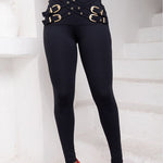 Women's High Waist Criss Cross Gold Buckle Skinny Pants