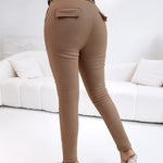 Elastic Waist Padded Stretch Slim Fit Calf Pants with Pocket