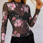 Women's Sheer Mesh Vintage Floral Print Mock Neck Frill Trim Long Sleeve Top