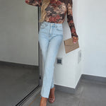 Women's Vintage Floral Print Sheer Mesh Top Long Sleeve Slim Fit Crewneck Layering Top with Thumb Hole Cuffs