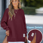 Letter Patch Detail Long Sleeve Drop Shoulder Pullover Sweatshirt Casual Zipper Side Slit Top
