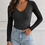 Women's V Neck Rhinestone Top Long Sleeve Ribbed Knit Tee Slim Fit Pullover Casual Base Layering Top
