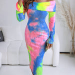 Tie Dye Print Foldover Off Shoulder Long Sleeve Textured Bodycon Dress Casual Ripped Detail High Strech Vacation Dress