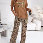 Women's Pajama Set Leopard Bow Short Sleeve Top and Loose Leopard Straight Leg Pants Casual Loungewear