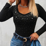 Women's Rhinestone Scoop Neck Long Sleeve Top Slim Fit Ribbed Knit Tee