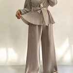 2 Pieces Outfit Overlap V-Neck Lantern Sleeve Tie Waist Ruffle Hem Top and Elastic Waist Wide Leg Pants Set Vintage Frill Hem Satin Pleated Commuting Set