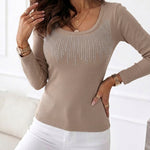 Women's Square Neck Long Sleeve Top Rhinestone Ribbed Knit Shirt Slim Fit Casual Sparkly Tee