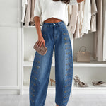 Women's Barrel Jeans High Waisted Side Button Denim Pants Distressed Washed Baggy Trousers Retro Y2K Streetwear