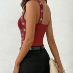 Rhinestone Decor Square Neck Thick Strap Backless Slim Fit Tank Top
