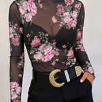 Women's Sheer Mesh Vintage Floral Print Mock Neck Frill Trim Long Sleeve Top