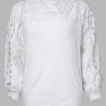Crewneck Guipure Lace Long Sleeve Hollow Out Knit Sweaters Pullover Tops