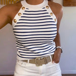 Women's Halter Neck Tank Top Striped Sleeveless Gold Button Contrast Binding Knit Top