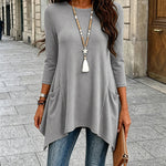 Women's Ribbed Asymmetrical Hem Top Crewneck Three Quarters Sleeve A-Line Casual Top