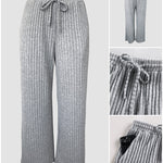 Women's Ribbed Knit Lounge Set Lace Trim Square Neck Long Sleeve Top and Straight Leg Drawstring Pants with Pockets