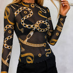 Women's Sheer Mesh Gold Chain Print Mock Neck Frill Trim Long Sleeve Top