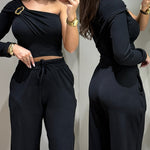 2 Pieces Outfit One Shoulder Metal Buckle Decor Long Sleeve Ruched Crop Top and Drawstring Elastic Waist Wide Leg Pants Set Casual Ribbed Set