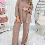 Women's 2 Piece Ribbed Knit Set Asymmetrical Zipper Turtleneck Batwing Sleeve Top and Pants Casual Loungewear