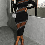 Women's Rhinestone Sheer Mesh Patchwork Long Sleeve Midi Dress Mock Neck Slit Dress