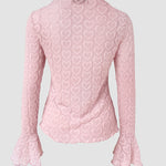 CHICME Women's Heart Jacquard Knit Top Mock Neck Long Sleeve Flare Cuff Slim Fit Blouse with Frill Trim and Hollow-out Details