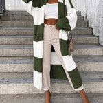 Women's Checkerboard Knit Cardigan Oversized Long Chunky Sweater Loose Lantern Sleeve Coat with Pockets