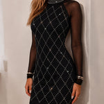 Women's Rhinestone Argyle Mock Neck Bodycon Dress Sheer Mesh Patchwork Long Sleeve Mini Party Dress
