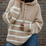 Women's Striped Henley Drawstring Hooded Sweater Loose Fit Lantern Sleeve Knit Pullover