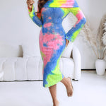 Tie Dye Print Foldover Off Shoulder Long Sleeve Textured Bodycon Dress Casual Ripped Detail High Strech Vacation Dress