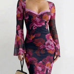Women's Vintage Floral Mesh Dress Lace Trim Sweetheart Neck Flare Sleeve Bodycon Maxi Dress Mermaid Party Gown