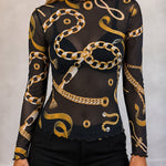 Women's Sheer Mesh Gold Chain Print Mock Neck Frill Trim Long Sleeve Top