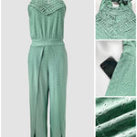 Halter Tie Guipure Lace Spliced Hollow-out Back Jacquard Textured Overalls Casual Elastic Back Waist Wrapped Slit Vacation Jumpsuit