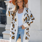 Women's Leopard Pattern Open Front Mid-length Knit Cardigan Sweater Coat