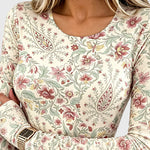 Women's Vintage Floral Print Long Sleeve Top Slim Fit Tee with Thumb Holes
