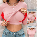 Women's Crewneck Long Sleeve Ribbed Knit Top Slim Fit Base Layer Shirt Soft Stretchy Casual Tee with Built-in Bra