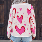 Women's Heart Pattern Loose Sweater Crewneck Long Sleeve Pullover Top